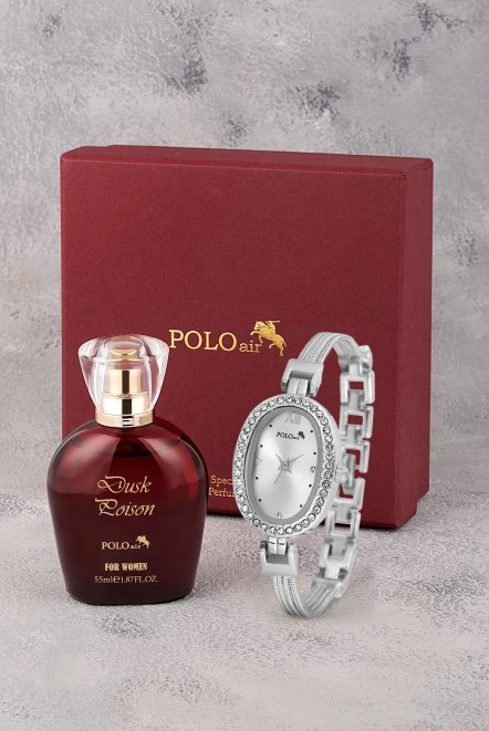 Oval Kasa Kadın Kol Saati Parfüm Bordo Hediyelik Kutsunda Set Gümüş Renk St-2170S2 Gümüş St-2170S2