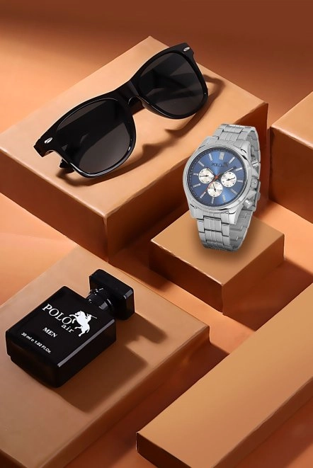 Premium Set Kombin Erkek Kol Saati Parfüm Gözlük Set Gümüş Lacivert Renk Pl-7018E2 Lacivert-Gümüş Pl-7018E2