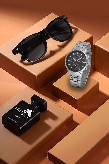 Premium Set Kombin Erkek Kol Saati Parfüm Gözlük Set Gümüş Siyah Renk Pl-7020E3 Siyah-Gümüş Pl-7020E3