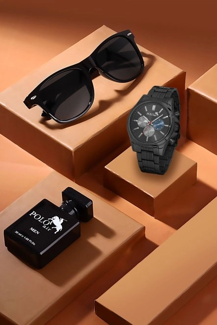 Premium Set Kombin Erkek Kol Saati Parfüm Gözlük Set Siyah Renk Pl-7018E1 Siyah Pl-7018E1