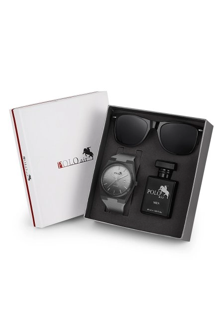 Premium Set Kombin Takvimli Erkek Kol Saati Parfüm Gözlük Set Gri Siyah Renk Pl-7003E3 Gri-Siyah Pl-7003E3