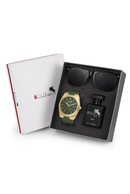 Premium Set Kombin Takvimli Erkek Kol Saati Parfüm Gözlük Set Yeşil Gold Renk Pl-7003E4 Gold-Yeşil Pl-7003E4