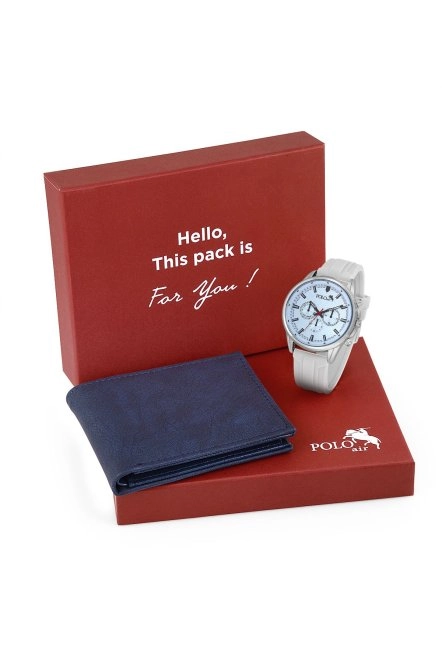 Renkli Cam Erkek Kol Saati Ve Cüzdan Hediyelik Kutusunda Kombin Beyaz Lacivert Renk Pl-7004E4 Beyaz-Lacivert Pl-7004E4