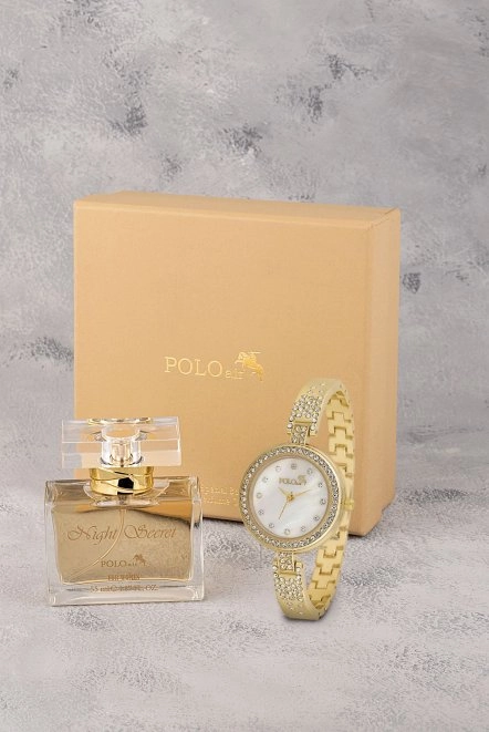 Retro Lüx Taşlı Kadın Kol Saati Ve Parfüm Seti Hediyelik Kutsunda Kombin Gold Renk St-2176S1 Gold St-2176S1
