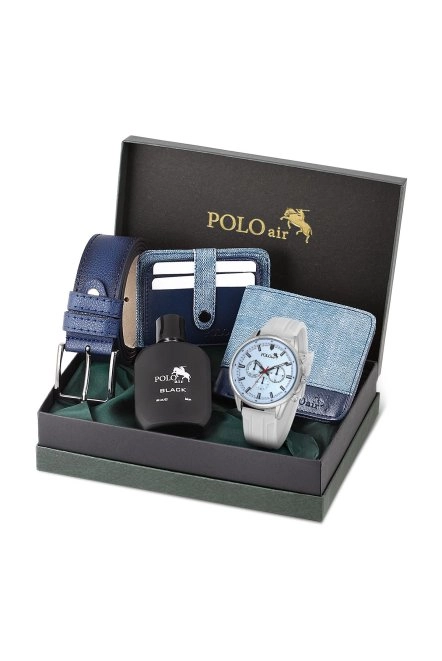 Spor Erkek Kol Saati Cüzdan Kemer Kartlık Parfüm Kombin Beyaz Mavi Renk Pl-0986E4 Beyaz-Mavi Pl-0986E4