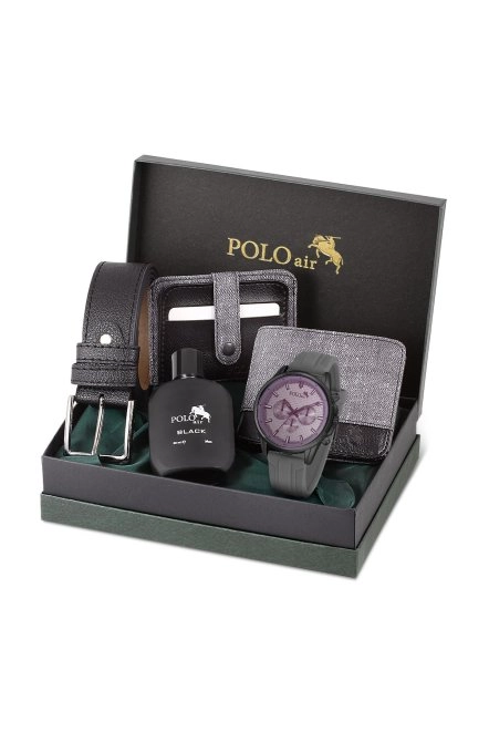 Spor Erkek Kol Saati Cüzdan Kemer Kartlık Parfüm Kombin Gri Siyah Renk Pl-0986E3 Gri-Siyah Pl-0986E3