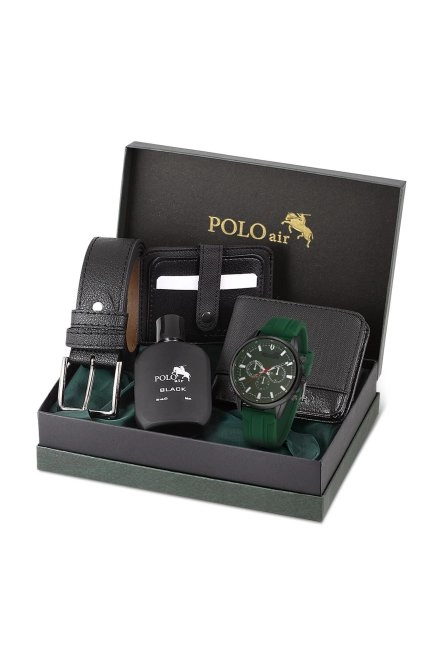 Spor Erkek Kol Saati Cüzdan Kemer Kartlık Parfüm Kombin Yeşil Siyah Renk Pl-0986E5 Koyu Yeşil-Siyah Pl-0986E5