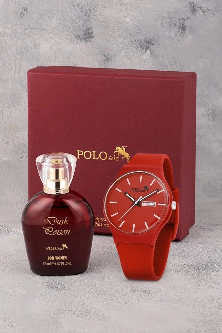 Spor Gün Ay Takvimli Kadın Kol Saati Parfüm Bordo Hediyelik Kutsunda Set Kırmızı Renk St-2169S4 Kırmızı St-2169S4