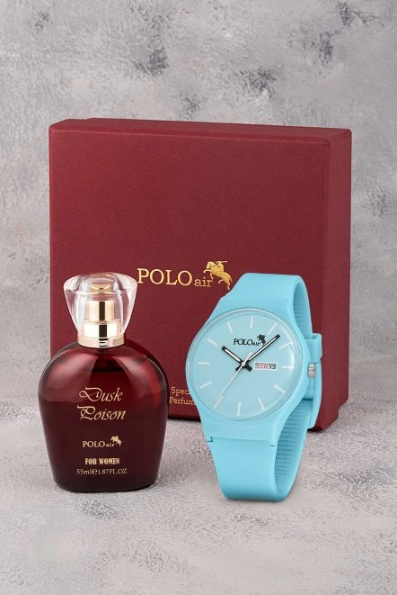 Spor Gün Ay Takvimli Kadın Kol Saati Parfüm Bordo Hediyelik Kutsunda Set Mavi Renk St-2169S5 Mavi St-2169S5