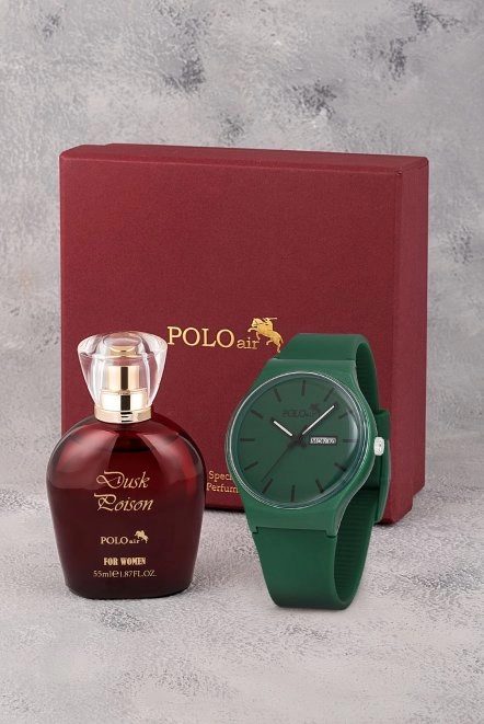 Spor Gün Ay Takvimli Kadın Kol Saati Parfüm Bordo Hediyelik Kutsunda Set Yeşil Renk St-2169S9 Koyu Yeşil St-2169S9