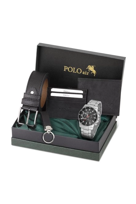 Spor Kasa Erkek Kol Saati Cüzdan Kemer Kartlık Anahtarlık Set Kombin Gümüş Siyah Renk Pl-0995E3 Siyah-Gümüş Pl-0995E3