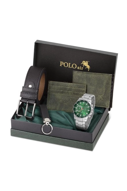 Spor Kasa Erkek Kol Saati Cüzdan Kemer Kartlık Anahtarlık Set Kombin Gümüş Yeşil Renk Pl-0995E4 Yeşil-Gümüş Pl-0995E4