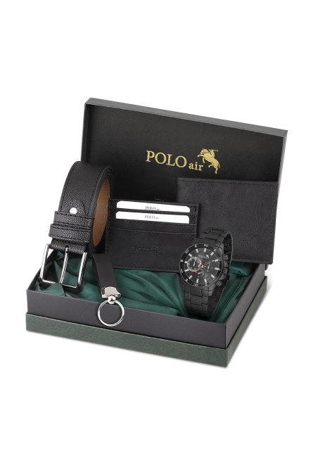 Spor Kasa Erkek Kol Saati Cüzdan Kemer Kartlık Anahtarlık Set Kombin Siyah Renk Pl-0995E1 Siyah Pl-0995E1
