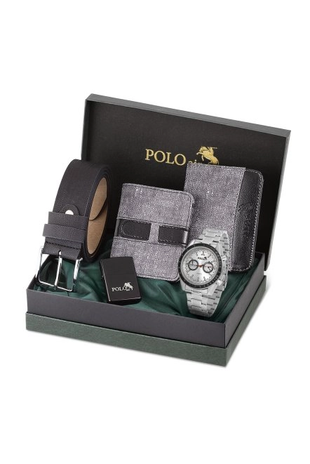 Spor Kasa Erkek Kol Saati Cüzdan Kemer Kartlık Çakmak Kombin Set Gri Gümüş Renk Pl-0991E2 Gri-Gümüş Pl-0991E2