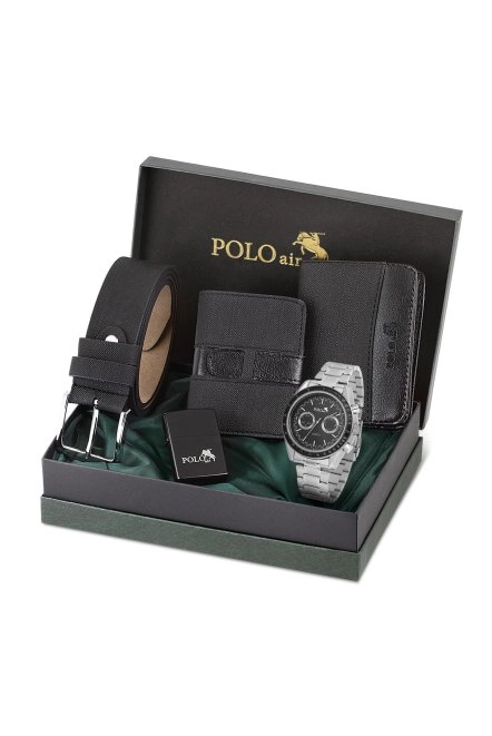 Spor Kasa Erkek Kol Saati Cüzdan Kemer Kartlık Çakmak Kombin Set Siyah Gümüş Renk Pl-0991E3 Siyah-Gümüş Pl-0991E3