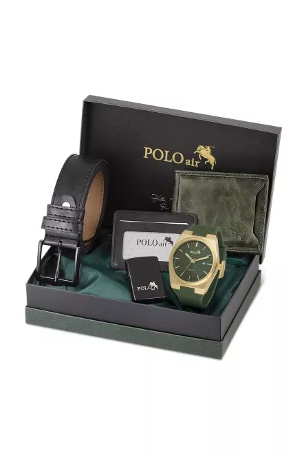 Takvimli Erkek Kol Saati Cüzdan Kemer Kartlık Çakmak Kombin Gold Yeşil Renk Pl-0985E4 Gold-Koyu Yeşil Pl-0985E4