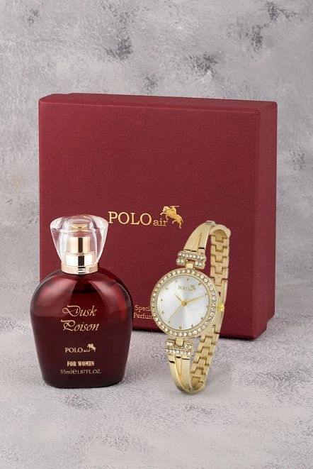 Vintage Kadın Kol Saati Parfüm Bordo Hediyelik Kutsunda Set Gold Renk St-2171S1 Sarı St-2171S1