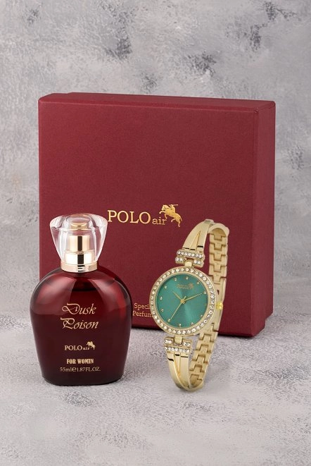 Vintage Kadın Kol Saati Parfüm Bordo Hediyelik Kutsunda Set Gold Yeşil Renk St-2171S3 Yeşil-Gold St-2171S3