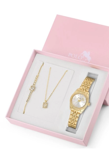 Zarif Kadın Kol Saati Zirkon Taşlı Kare Kolye Bileklik Kombin Gold Renk St-2163S1 Gold St-2163S1