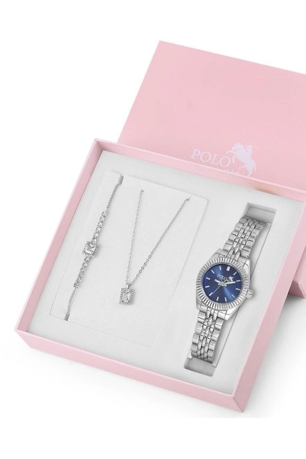 Zarif Kadın Kol Saati Zirkon Taşlı Kare Kolye Bileklik Kombin Gümüş Lacivert Renk St-2163S3 Lacivert-Gümüş St-2163S3