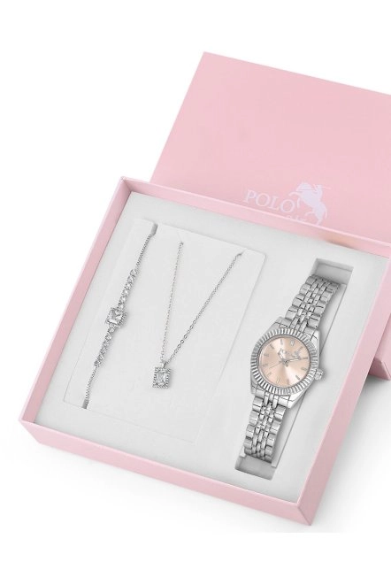 Zarif Kadın Kol Saati Zirkon Taşlı Kare Kolye Bileklik Kombin Gümüş Pembe Renk St-2163S4 Pembe-Gümüş St-2163S4