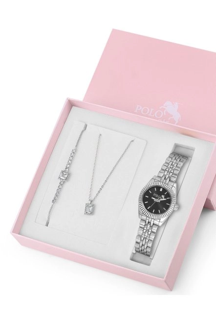 Zarif Kadın Kol Saati Zirkon Taşlı Kare Kolye Bileklik Kombin Gümüş Siyah Renk St-2163S5 Siyah-Gümüş St-2163S5