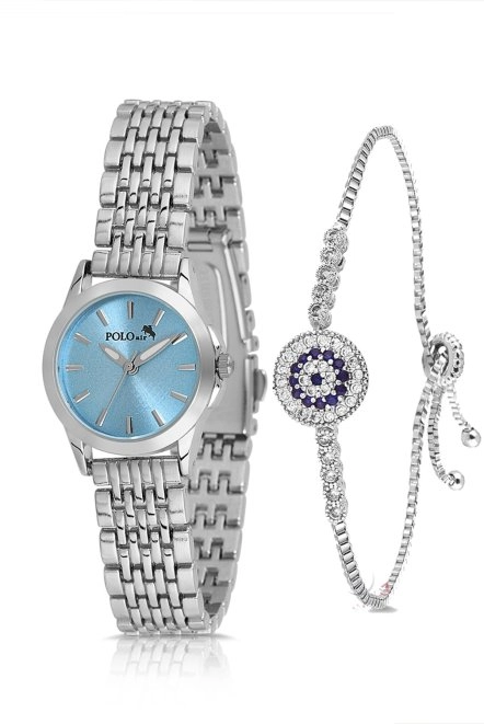 Zarif Kadın Kol Saati Zirkon Taşlı Nazar Bileklik Kombin Gümüş Mavi Renk Pl-1550B5 Mavi-Gümüş Pl-1550B5