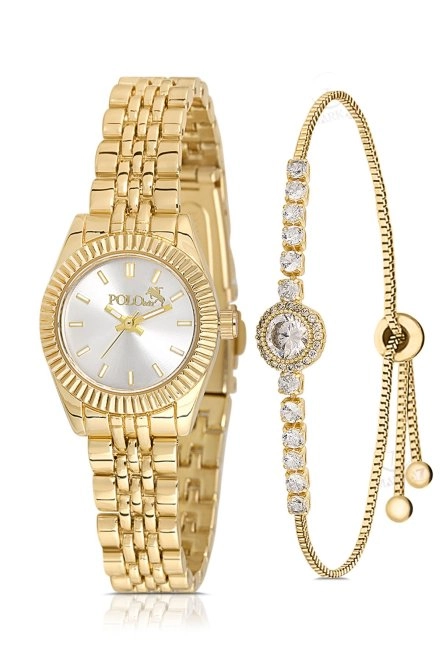 Zarif Kadın Kol Saati Zirkon Taşlı Yuvarlak Bileklik Kombin Gold Renk Pl-1553B1 Gold Pl-1553B1