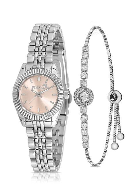 Zarif Kadın Kol Saati Zirkon Taşlı Yuvarlak Bileklik Kombin Gümüş Açık Pembe Renk Pl-1553B4 Pembe-Gümüş Pl-1553B4