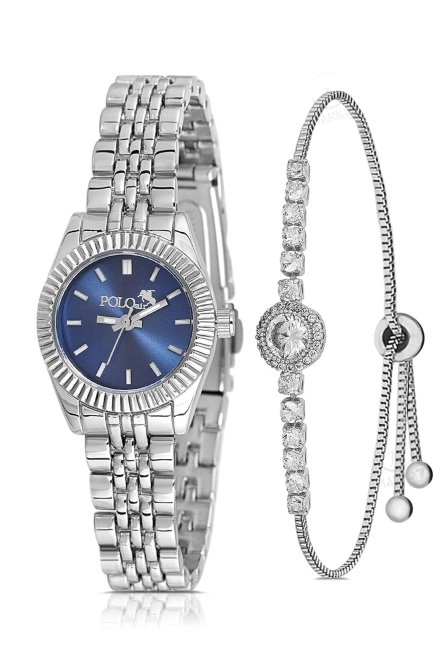 Zarif Kadın Kol Saati Zirkon Taşlı Yuvarlak Bileklik Kombin Gümüş Lacivert Renk Pl-1553B3 Lacivert-Gümüş Pl-1553B3