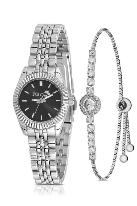 Zarif Kadın Kol Saati Zirkon Taşlı Yuvarlak Bileklik Kombin Gümüş Siyah Renk Pl-1553B5 Siyah-Gümüş Pl-1553B5