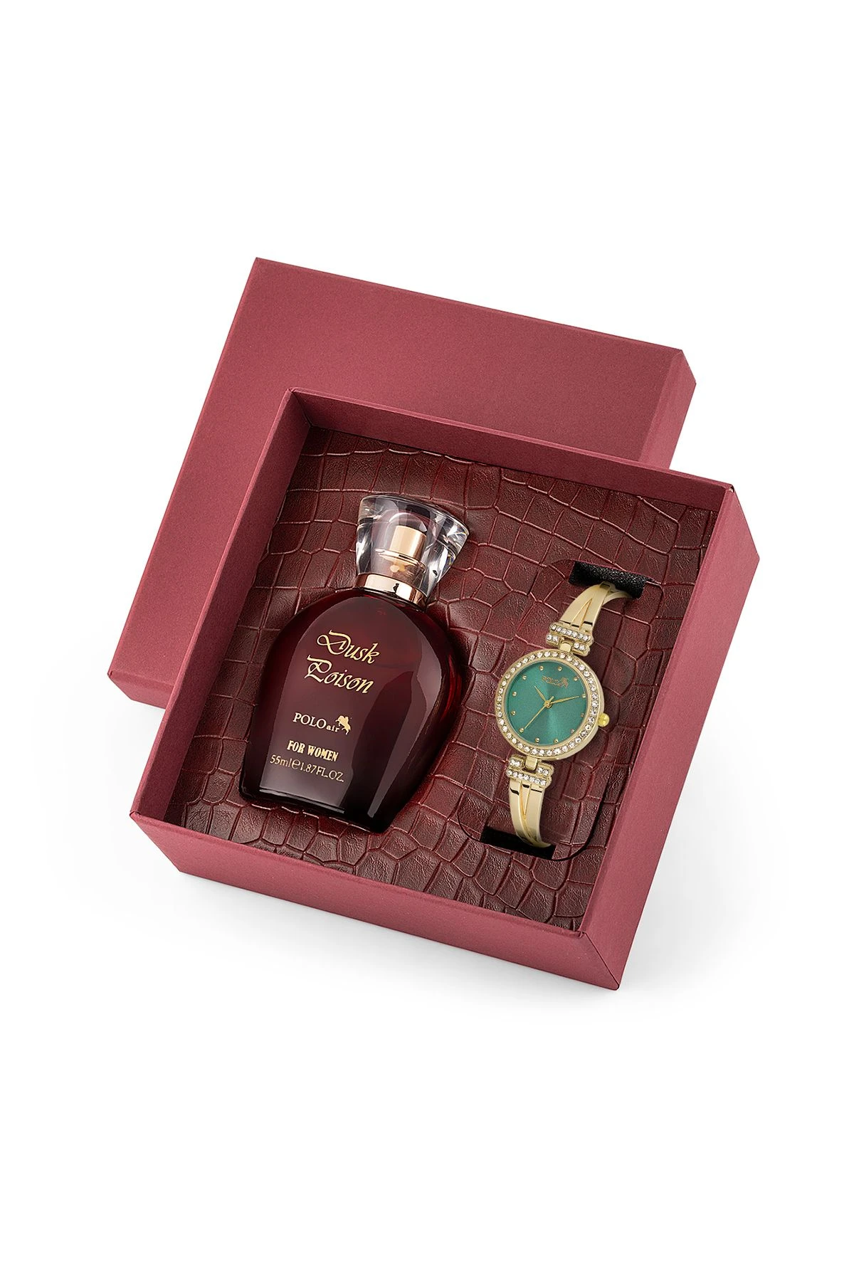 Vintage Kadın Kol Saati Parfüm Bordo Hediyelik Kutsunda Set Gold Yeşil Renk St-2171S3 Yeşil-Gold St-2171S3
