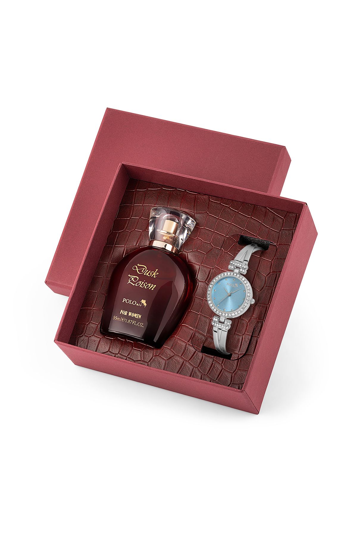 Vintage Kadın Kol Saati Parfüm Bordo Hediyelik Kutsunda Set Gümüş Mavi Renk St-2171S5 Mavi-Gümüş St-2171S5