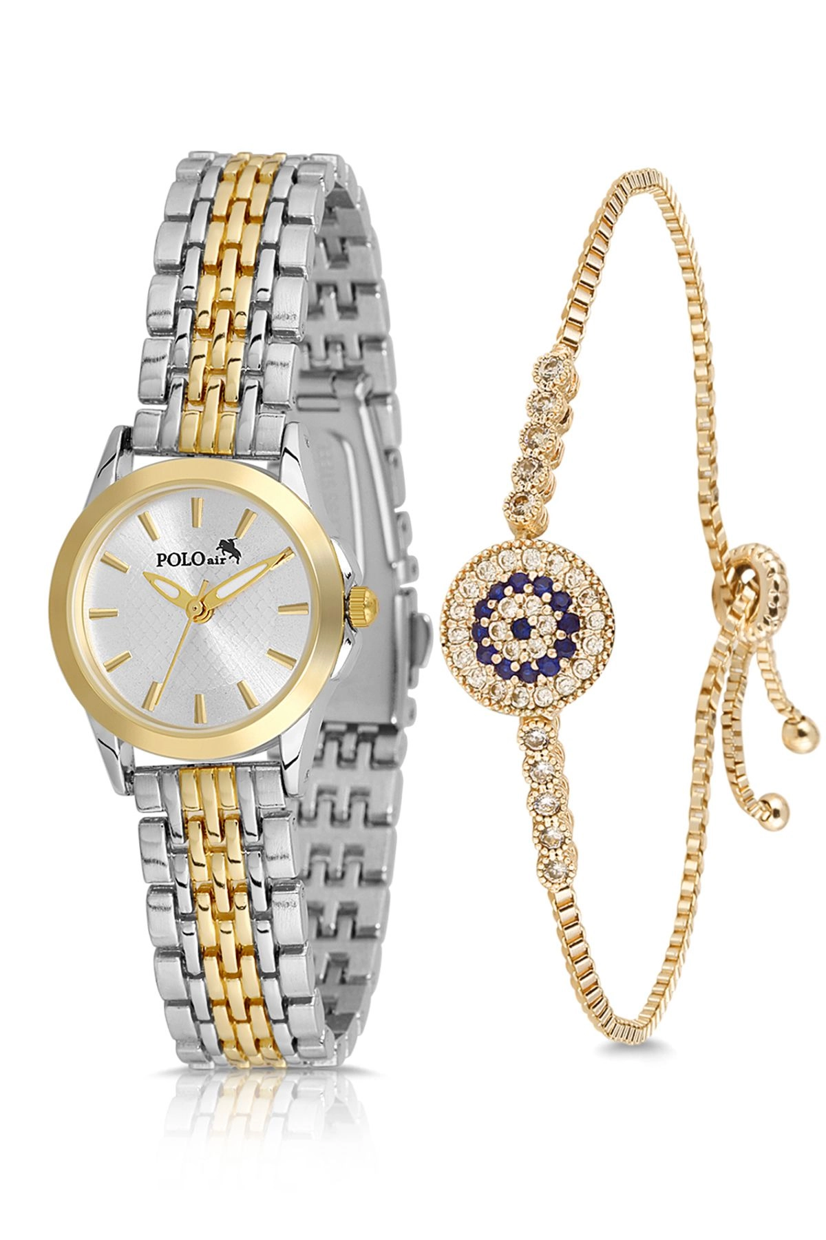 Zarif Kadın Kol Saati Zirkon Taşlı Nazar Bileklik Kombin Gümüş Gold Renk Pl-1550B3 Gold-Gümüş Pl-1550B3