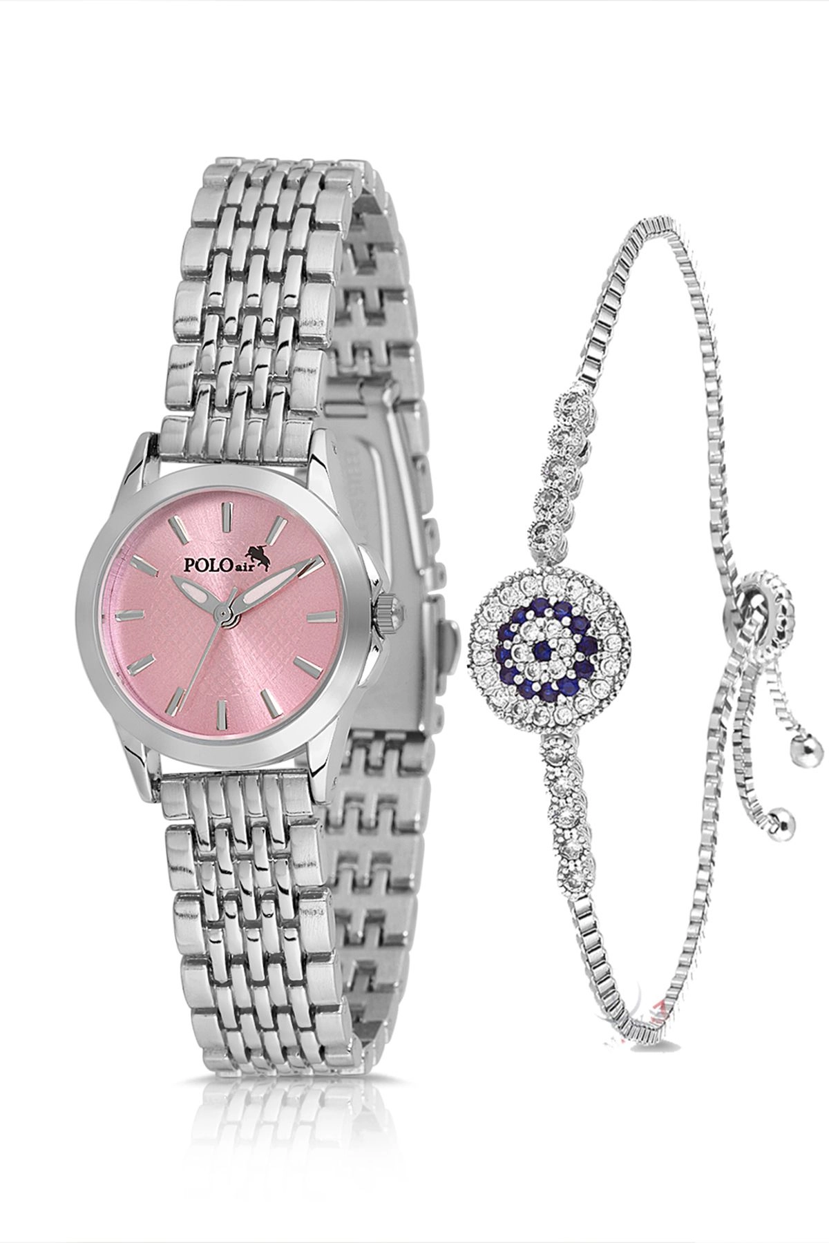 Zarif Kadın Kol Saati Zirkon Taşlı Nazar Bileklik Kombin Gümüş Pembe Renk Pl-1550B4 Pembe-Gümüş Pl-1550B4