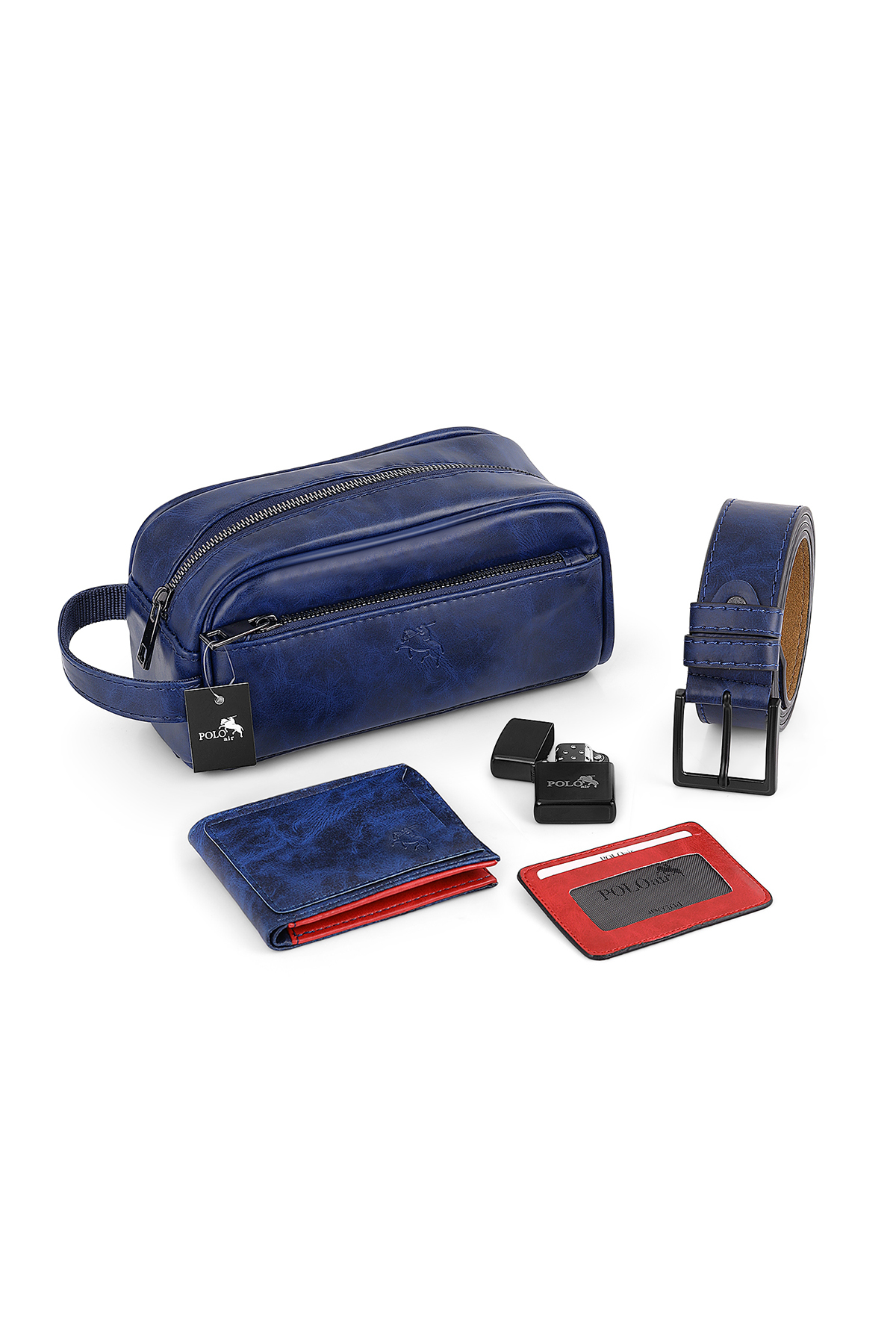 Erkek Kol Saati Cüzdan Kemer Kartlık Çakmak El Çanta Kombin Set Gold Gümüş Lacivert Renk Pl-7082E7 Lacivert Pl-7082E7