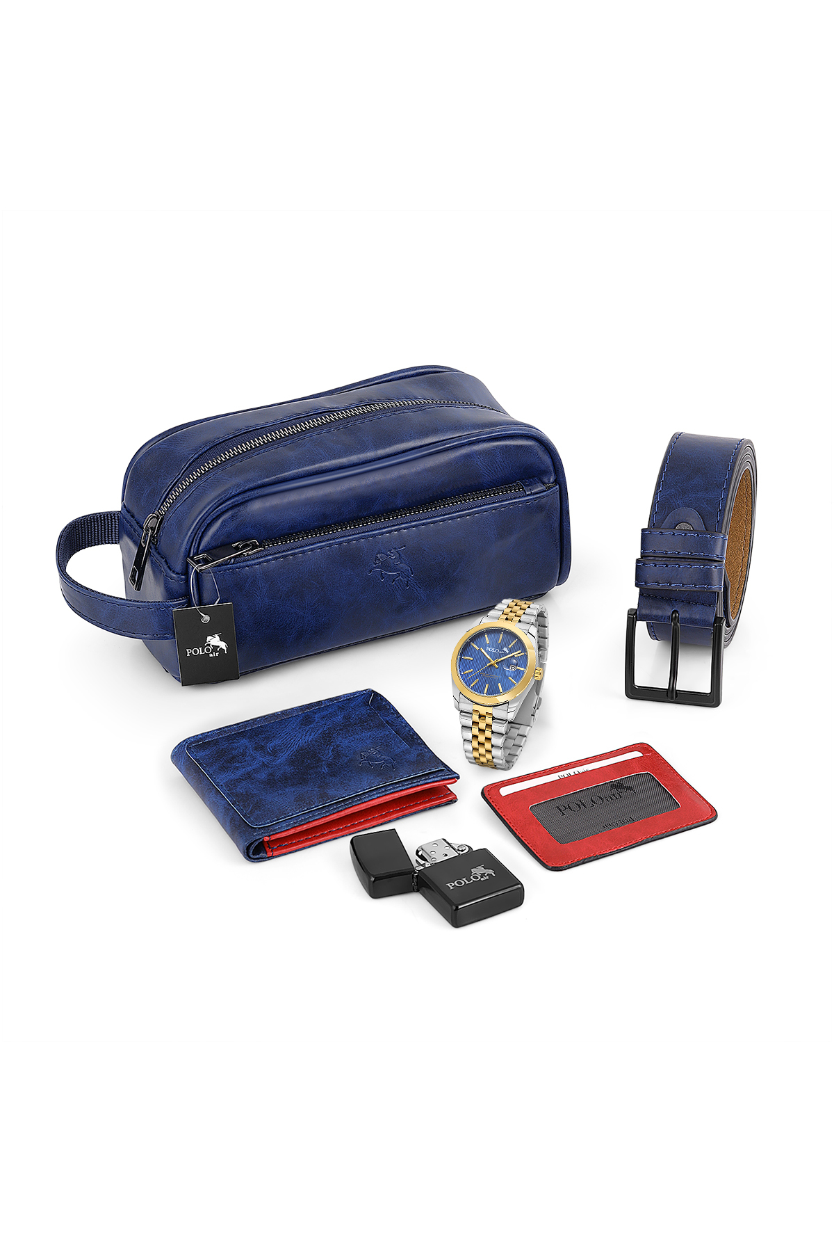 Erkek Kol Saati Cüzdan Kemer Kartlık Çakmak El Çanta Kombin Set Gold Gümüş Lacivert Renk Pl-7082E7 Lacivert Pl-7082E7