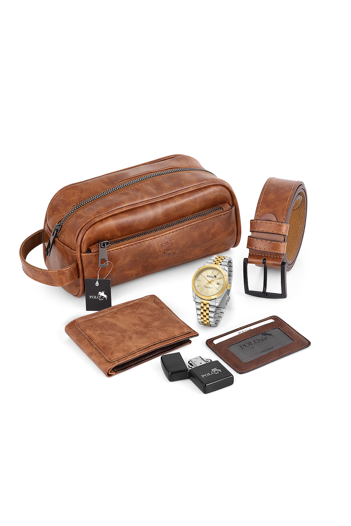 Erkek Kol Saati Cüzdan Kemer Kartlık Çakmak El Çanta Kombin Set Gold Gümüş Renk Pl-7082E9 Altın Pl-7082E9