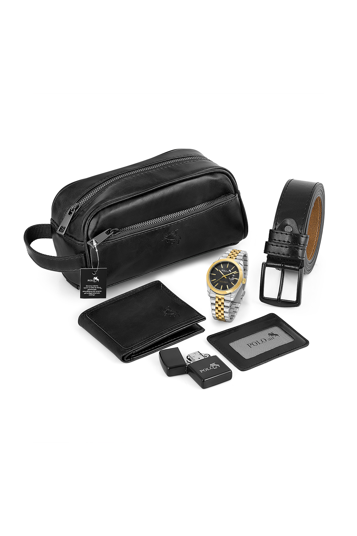 Erkek Kol Saati Cüzdan Kemer Kartlık Çakmak El Çanta Kombin Set Gold Gümüş Siyah Renk Pl-7082E6 Siyah Pl-7082E6