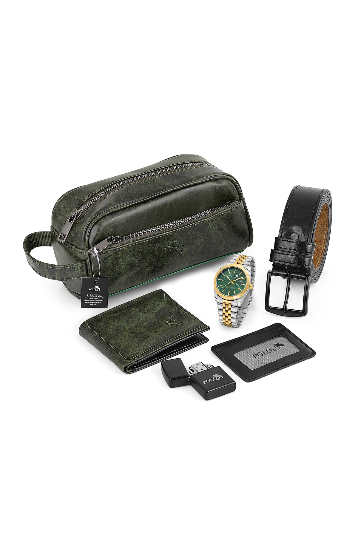 Erkek Kol Saati Cüzdan Kemer Kartlık Çakmak El Çanta Kombin Set Gold Gümüş Yeşil Renk Pl-7082E8 Yeşil Pl-7082E8