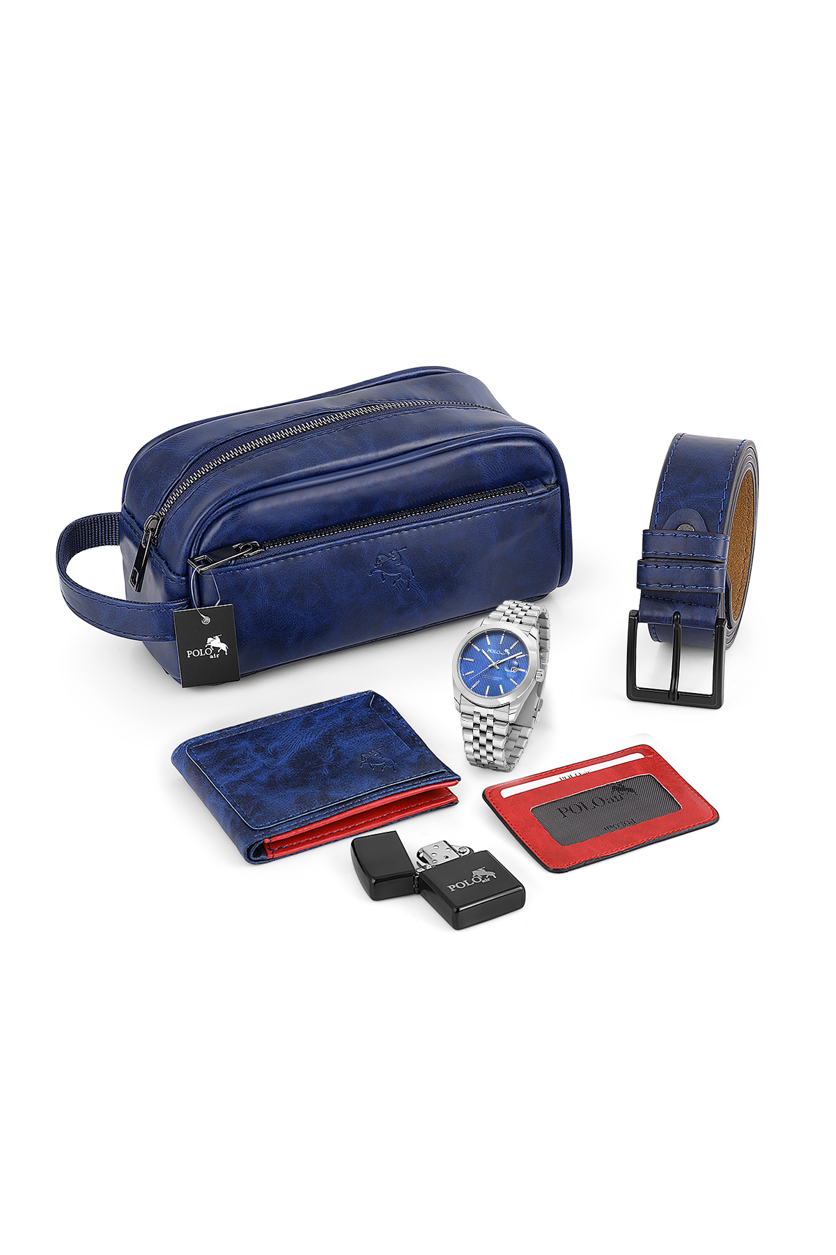 Erkek Kol Saati Cüzdan Kemer Kartlık Çakmak El Çanta Kombin Set Gümüş Lacivert Renk Pl-7082E2 Lacivert Pl-7082E2