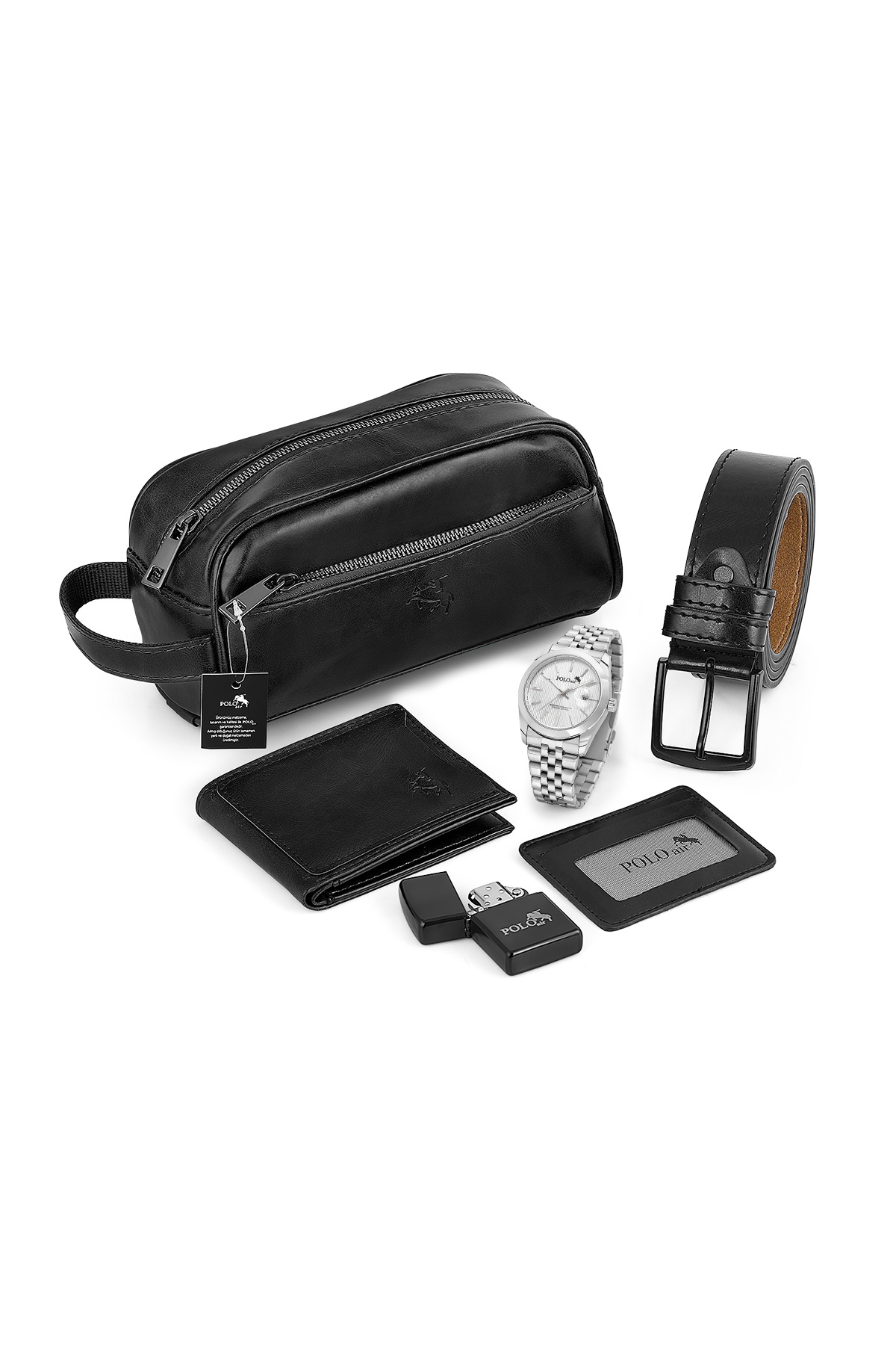 Erkek Kol Saati Cüzdan Kemer Kartlık Çakmak El Çanta Kombin Set Gümüş Renk Pl-7082E5 Gümüş Pl-7082E5