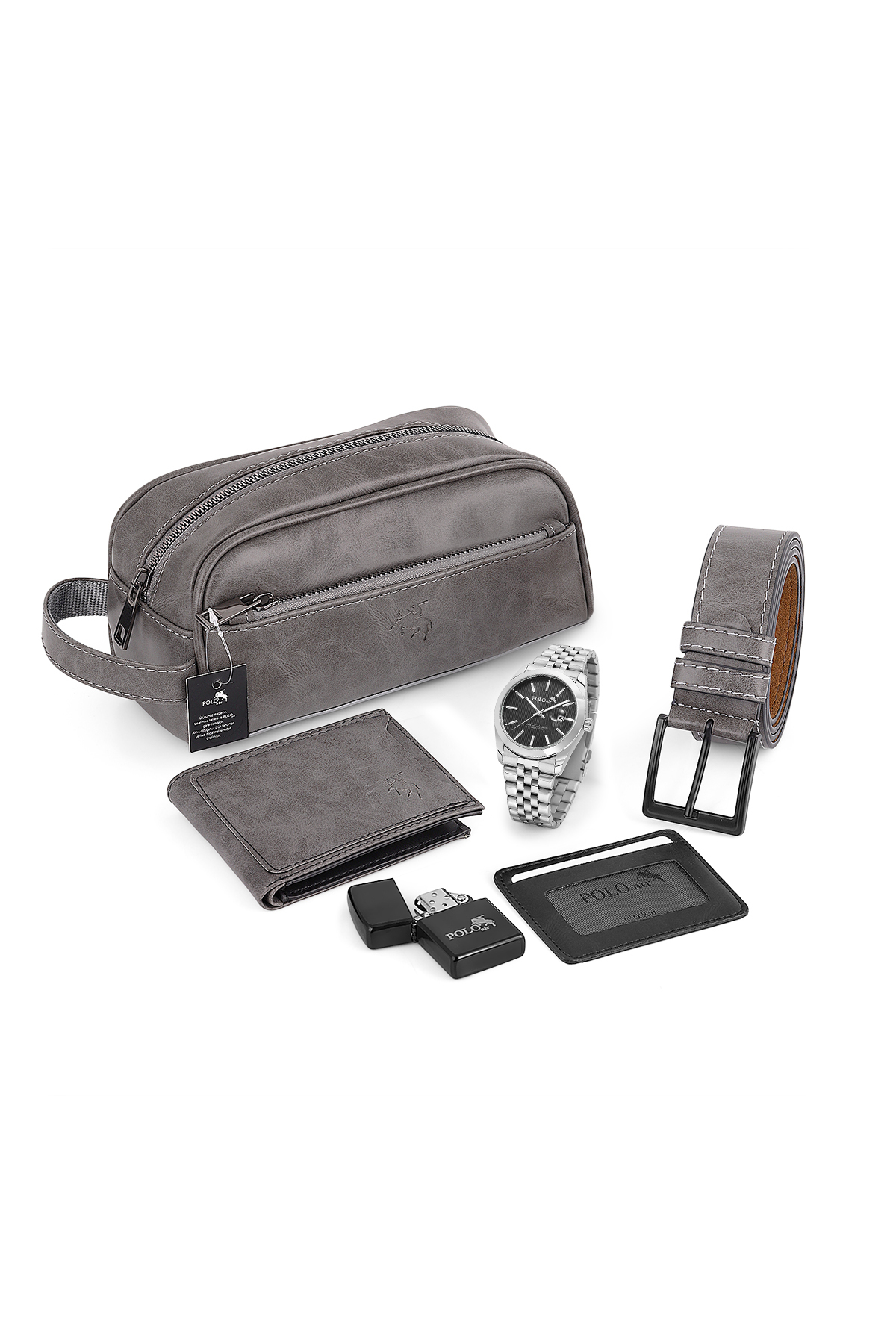 Erkek Kol Saati Cüzdan Kemer Kartlık Çakmak El Çanta Kombin Set Gümüş Siyah Renk Pl-7082E3 Siyah Pl-7082E3