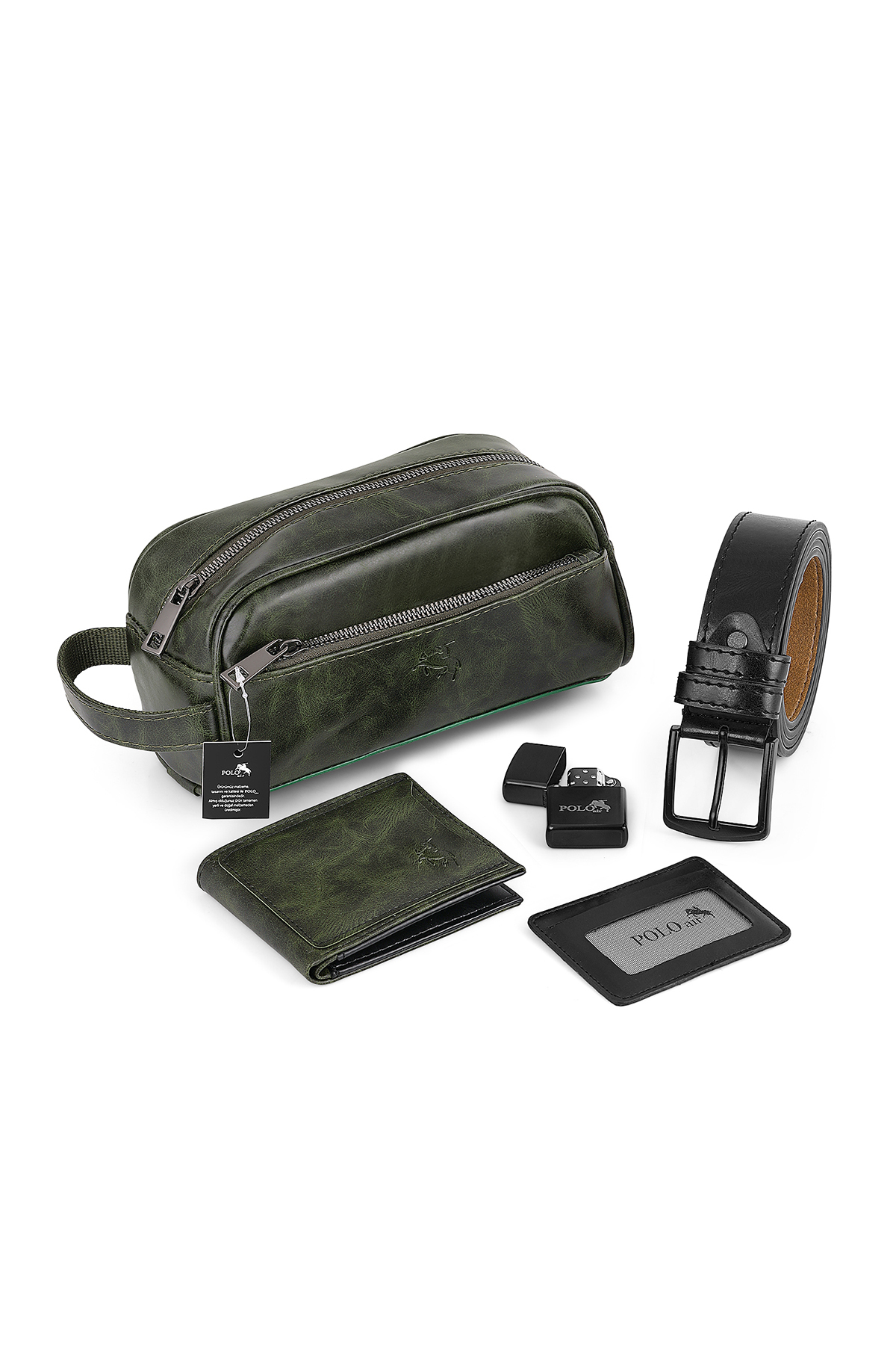 Erkek Kol Saati Cüzdan Kemer Kartlık Çakmak El Çanta Kombin Set Gümüş Yeşil Renk Pl-7082E4 Yeşil Pl-7082E4