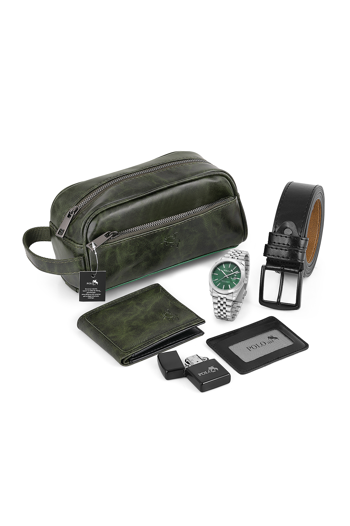 Erkek Kol Saati Cüzdan Kemer Kartlık Çakmak El Çanta Kombin Set Gümüş Yeşil Renk Pl-7082E4 Yeşil Pl-7082E4