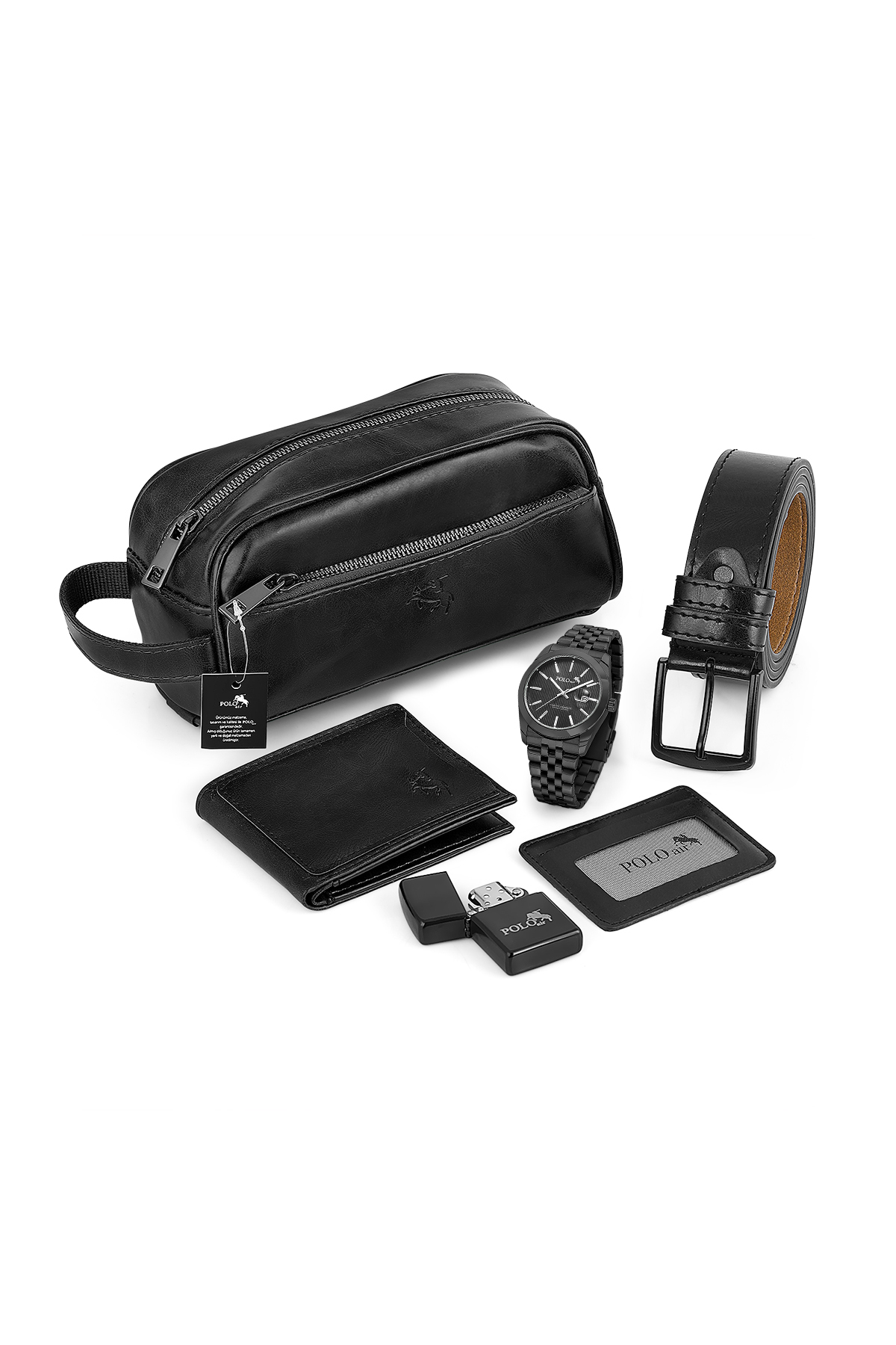 Erkek Kol Saati Cüzdan Kemer Kartlık Çakmak El Çanta Kombin Set Siyah Renk Pl-7082E1 Siyah Pl-7082E1