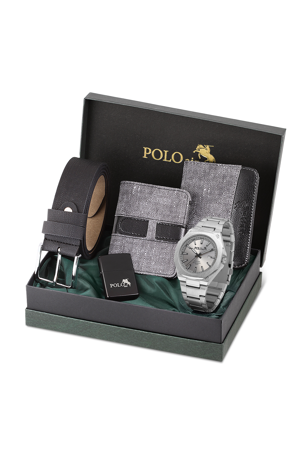 Erkek Kol Saati Kemer Cüzdan Kartlık Çakmak Hediyelik Kutusunda Gümüş Antrasit Set Pl-7071E3 Gümüş Pl-7071E3