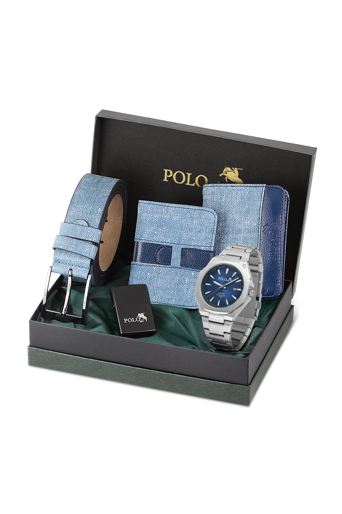 Erkek Kol Saati Kemer Cüzdan Kartlık Çakmak Hediyelik Kutusunda Gümüş Lacivert Set Pl-7071E2 Lacivert Pl-7071E2