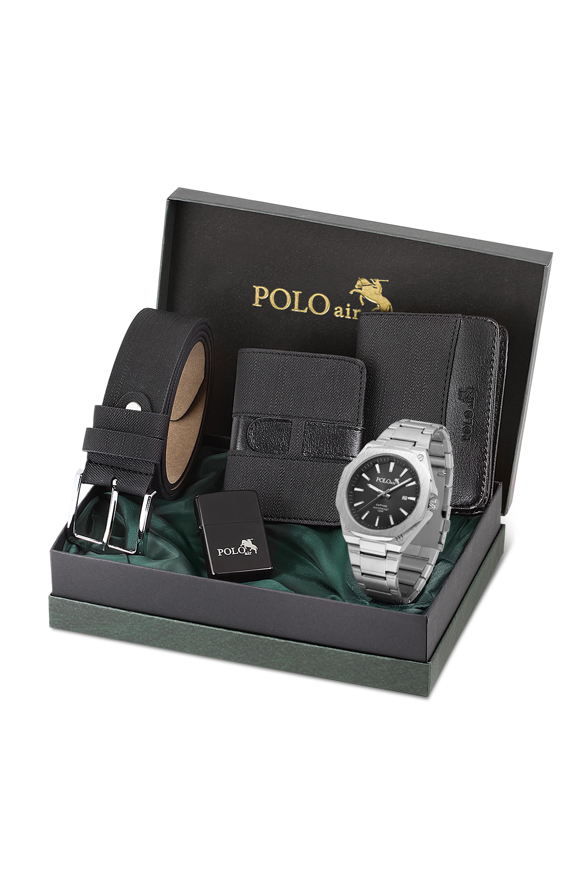 Erkek Kol Saati Kemer Cüzdan Kartlık Çakmak Hediyelik Kutusunda Gümüş Siyah Set Pl-7071E1 Siyah Pl-7071E1