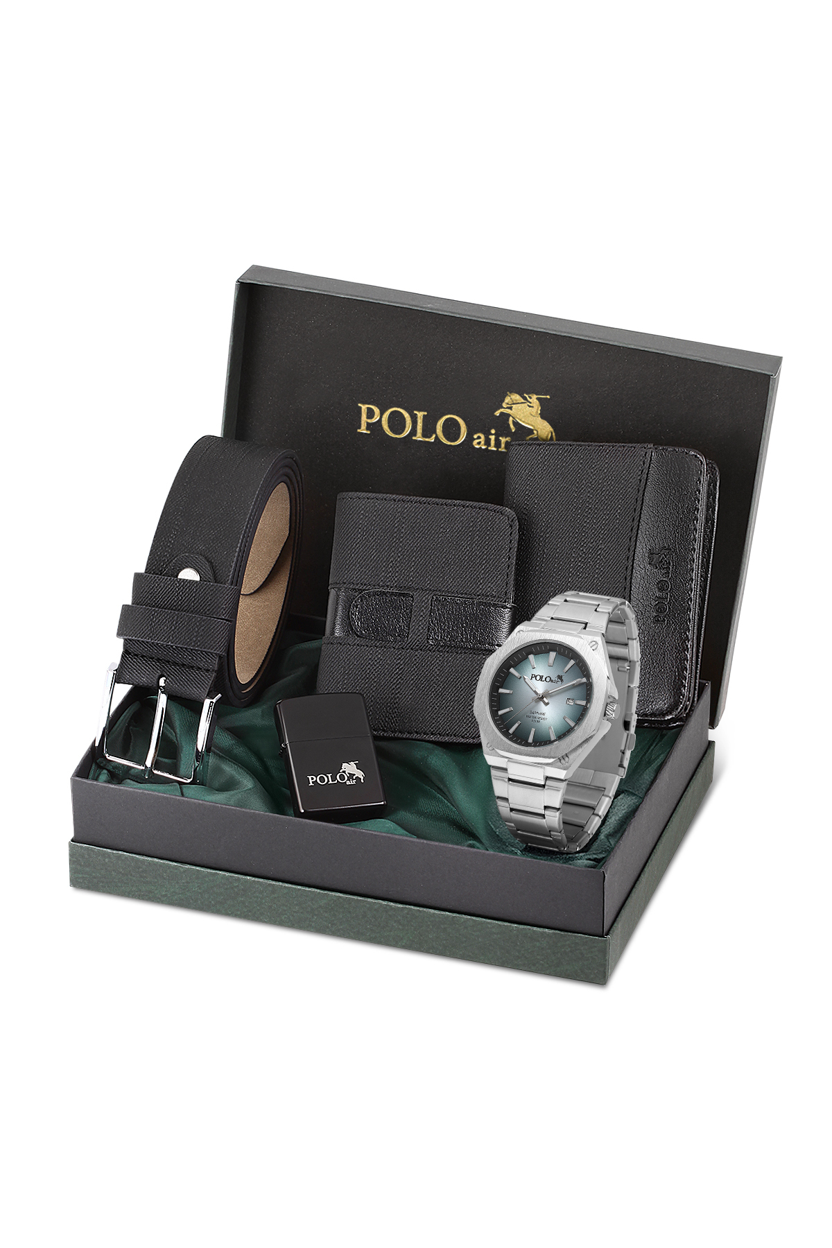 Erkek Kol Saati Kemer Cüzdan Kartlık Çakmak Hediyelik Kutusunda Gümüş Yeşil Set Pl-7071E4 Yeşil Pl-7071E4